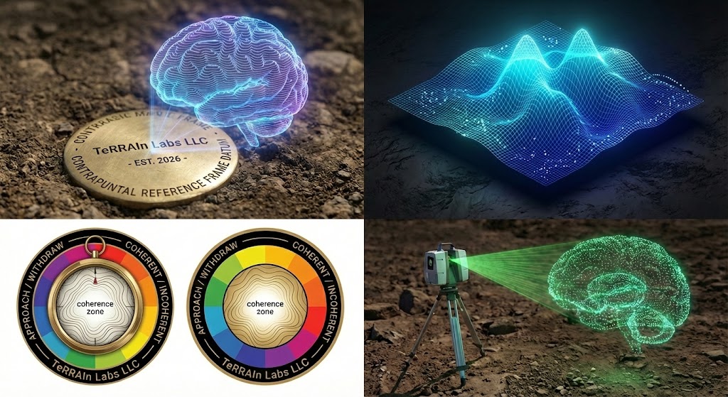 TeRRAIn Labs research instruments — Contrapuntal Reference Frame Datum, Standing Wave Cognitive Surface, Coherence Zone Compass, and Cognitive Interferometer